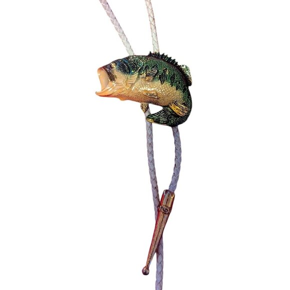 Fish Bolo Tie Vintage Big Mouth Bass Metal Fisherman Angler Unisex Painted - Picture 3 of 6